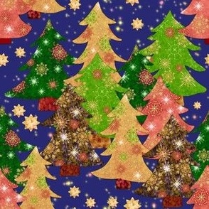 Cut out cocktail Christmas trees with textures and stars and snowflakes small red, orange, greens on dark blue small