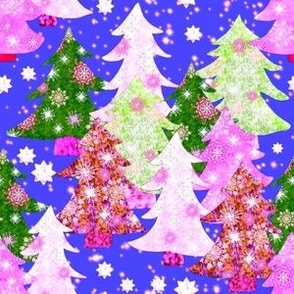 Kitschy Christmas cut out trees with snowflakes and stars.  Handdrawn and textured small directional