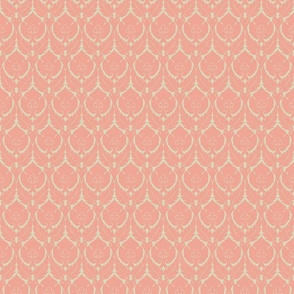 simple Renaissance damask, doll scale, coral pink on ivory