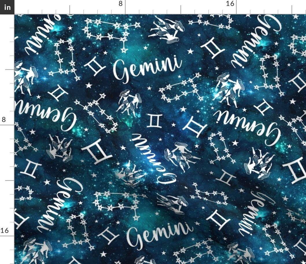 Large Scale Gemini Zodiac Signs on Teal Galaxy