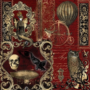 Steampunk Gothic Blood Red  Patchwork Owl and Raven Halloween 