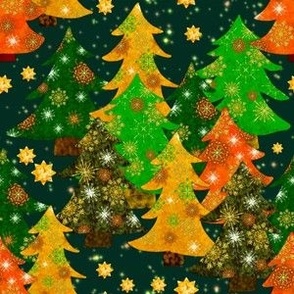 colourful cocktail cut out Christmas trees in bright green, red, orange with snowflakes on dark green, small