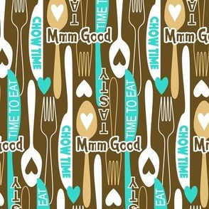 Modern Minimalist Silverware // Spoon, Fork, Knife // Typography // Chow Time, Time to Eat, Mmm Good, Tasty // Turquoise Blue, Dark Brown, Warm Wheat, White // 684 DPI