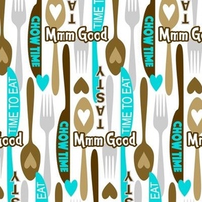 Modern Minimalist Silverware // Spoon, Fork, Knife // Typography // Chow Time, Time to Eat, Mmm Good, Tasty // Turquoise Blue, Dark Brown, Warm Brown, Gray, White Background // 684 DPI