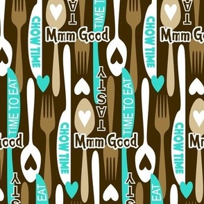 Modern Minimalist Silverware // Spoon, Fork, Knife // Typography // Chow Time, Time to Eat, Mmm Good, Tasty // Turquoise Blue, Dark Brown, Light Khaki, White // 684 DPI