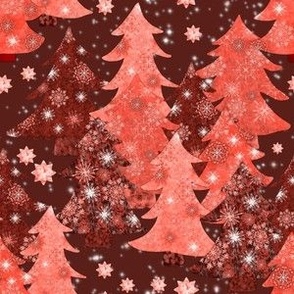 Cut out Christmas trees with textures and snowflakes and stars.  Red, salmon, peach and deep red with dark red.  Stars and snowflakes small