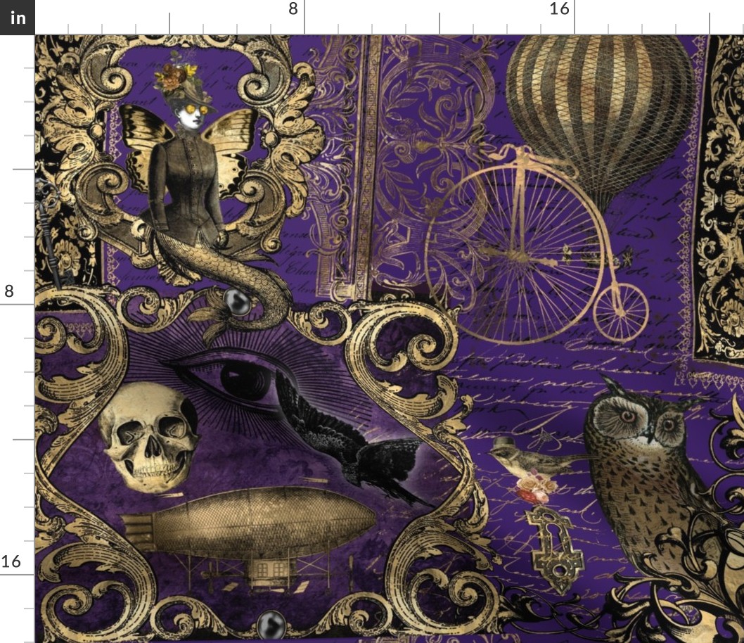 Steampunk Gothic Purple Patchwork Owl and Raven Halloween 