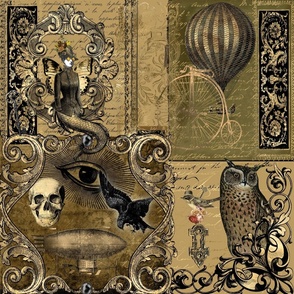 Steampunk Gothic Tan Patchwork Owl and Raven Halloween 