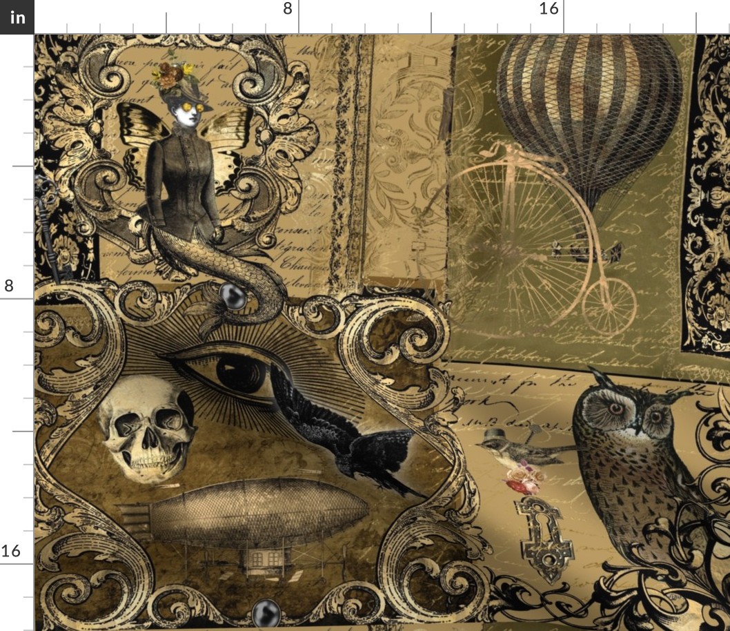 Steampunk Gothic Tan Patchwork Owl and Raven Halloween 