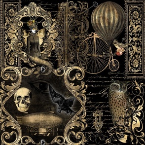 Steampunk Gothic Black Patchwork Owl and Raven Halloween 