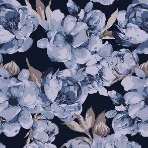 Romantic Roses Dust blue Peony on Navy Background
