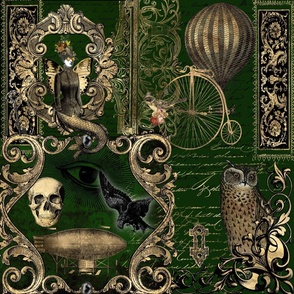 Steampunk Gothic Bottle Green Patchwork Owl and Raven Halloween 