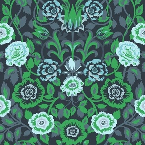 Medium - Blue and green floral - Pantone Mega Matter Bedding - William Morris inspired damask - maximalist flowers - flower garden - dark blue vibrant green wallpaper