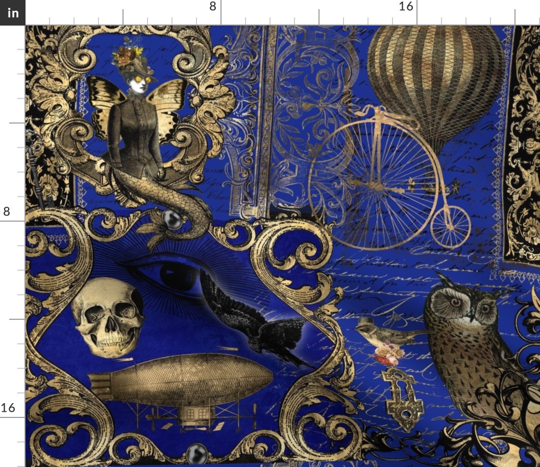 Steampunk Gothic Royal Blue Patchwork Owl and Raven Halloween 