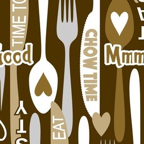 Modern Minimalist Silverware // Spoon, Fork, Knife // Typography // Chow Time, Time to Eat, Mmm Good, Tasty // Dark Brown, Camel Brown, Gray and White // V1 // 342 DPI