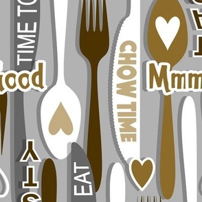 Modern Minimalist Silverware // Spoon, Fork, Knife // Typography // Chow Time, Time to Eat, Mmm Good, Tasty // Dark Brown, Camel Brown, Gray and White // V2 // 342 DPI