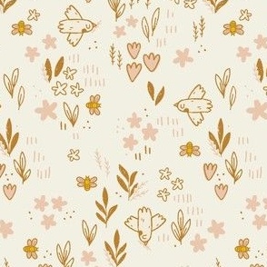 Dove Birds with Leaves Flowers and Bees | Colourful Nature motives on Cream Background