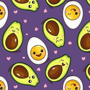 Kawaii avocado and egg on violet background. Sweet Japanese manga faces. Violet background. Small scale.