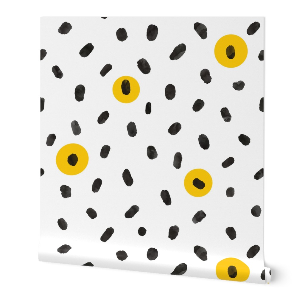 Black and yellow watercolor spots  brush strokes on white background, Artistic abstract minimalistic pattern.