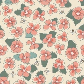 Tossed Peach and Sage Floral with Bees on Cream Non Directional