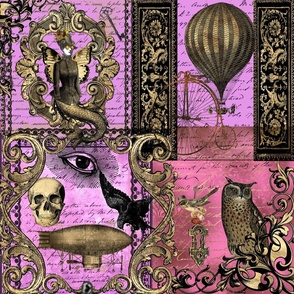 Steampunk Gothic Pinks and lilac Patchwork Owl and Raven Halloween 