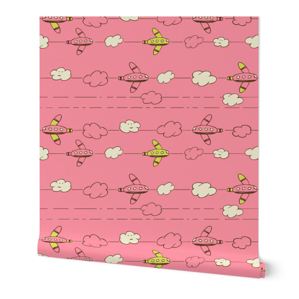 Jet Set - Whimsical Airplanes & Clouds Pink