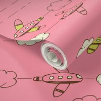 Jet Set - Whimsical Airplanes & Clouds Pink