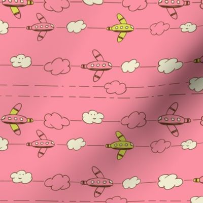 Jet Set - Whimsical Airplanes & Clouds Pink