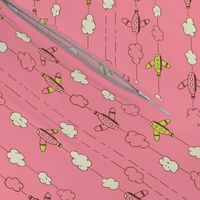 Jet Set - Whimsical Airplanes & Clouds Pink