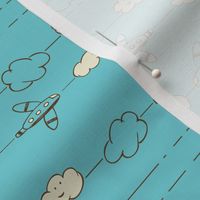 Jet Set - Whimsical Airplanes & Clouds Teal Blue