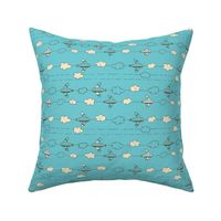 Jet Set - Whimsical Airplanes & Clouds Teal Blue