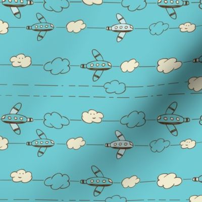 Jet Set - Whimsical Airplanes & Clouds Teal Blue