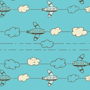 Jet Set - Whimsical Airplanes & Clouds Teal Blue