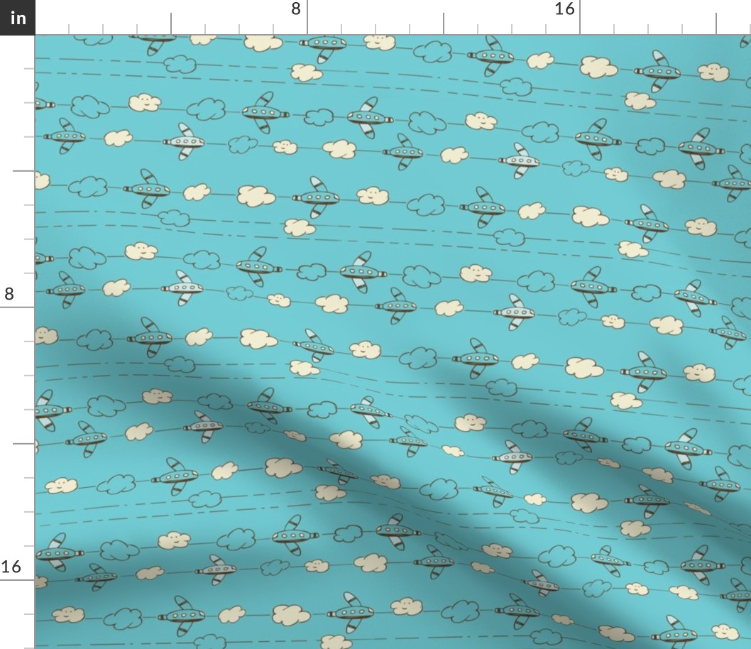 Jet Set - Whimsical Airplanes & Clouds Teal Blue