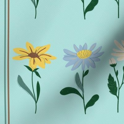 rows of daisies on aqua blue chevron 