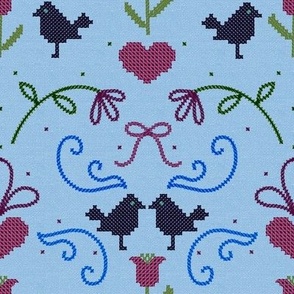 Folk Cross Stitch, Starlings and Flowers on Chambray