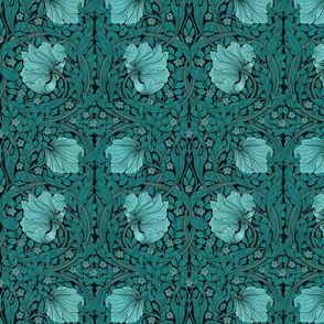 Pimpernel Floral Damask Historic William Morris Vintage Design Turquoise Teal Smaller Scale