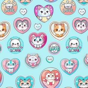 Funny Valentine Cute Cats And Critters Pattern On Blue Medium Size
