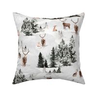 18" Snowy winter landscape with magical watercolor animals like deer,hare,fox,roe deer and trees covered with snow - for Nursery