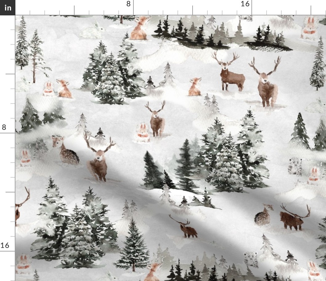 18" Snowy winter landscape with magical watercolor animals like deer,hare,fox,roe deer and trees covered with snow - for Nursery