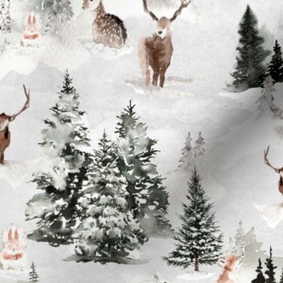 14" Snowy winter landscape with magical watercolor animals like deer,hare,fox,roe deer and trees covered with snow - for Nursery
