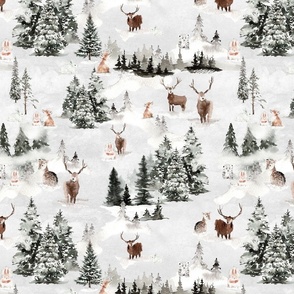 14" Snowy winter landscape with magical watercolor animals like deer,hare,fox,roe deer and trees covered with snow - for Nursery
