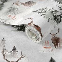 8" Snowy winter landscape with magical watercolor animals like deer,hare,fox,roe deer and trees covered with snow - for Nursery