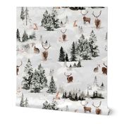 8" Snowy winter landscape with magical watercolor animals like deer,hare,fox,roe deer and trees covered with snow - for Nursery