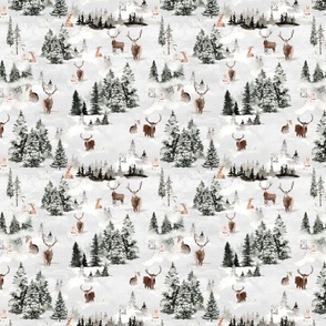 8" Snowy winter landscape with magical watercolor animals like deer,hare,fox,roe deer and trees covered with snow - for Nursery