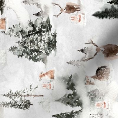 14" turned left -Snowy winter landscape with magical watercolor animals like deer,hare,fox,roe deer and trees covered with snow - for Nursery