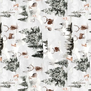 14" turned left -Snowy winter landscape with magical watercolor animals like deer,hare,fox,roe deer and trees covered with snow - for Nursery