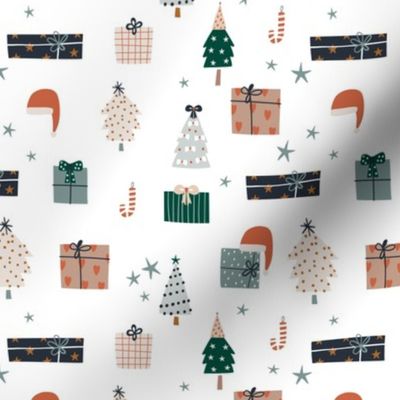 Festive holiday print with gift boxes and Christmas tree