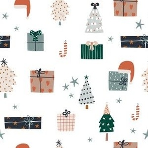 Festive holiday print with gift boxes and Christmas tree