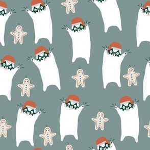 Dancing cartoon bear in Santa hat festive pattern